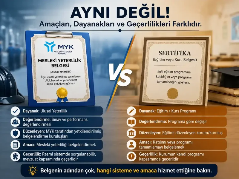 mesleki yeterlilik belgesi ile sertifika aynı şey mi